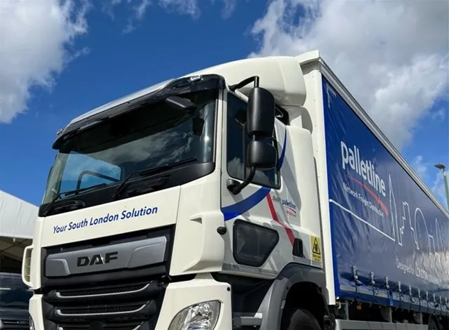 White DAF Palletline lorry with blue trailer featuring company branding, photographed from a low angle under a partly cloudy blue sky.