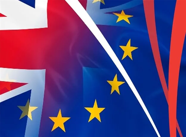 An abstract design blending the UK and EU flags, symbolising international trade and logistics between Britain and Europe.
